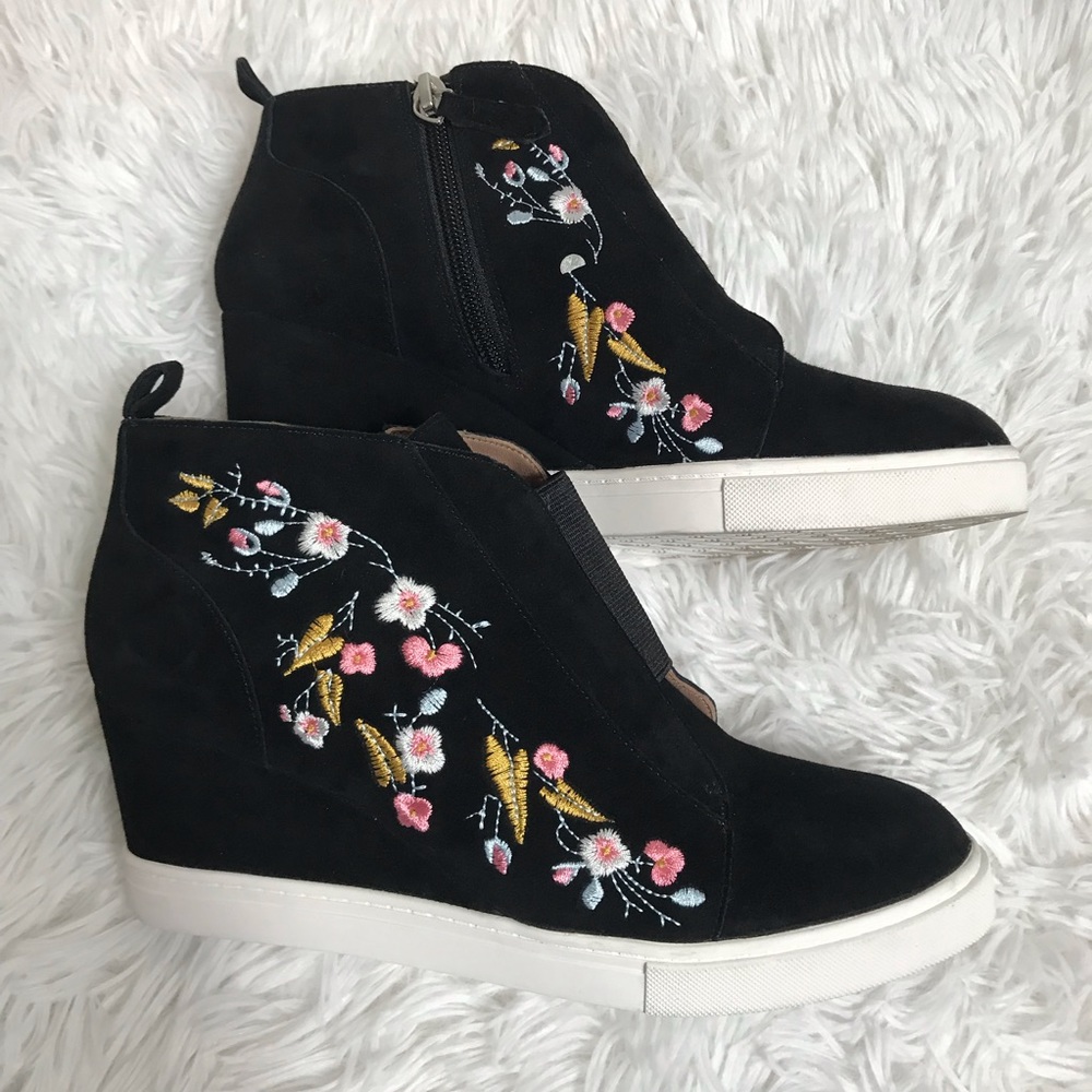 Paolo Black Suede Wedge Sneakers with Pink & Gold Floral Embroidery